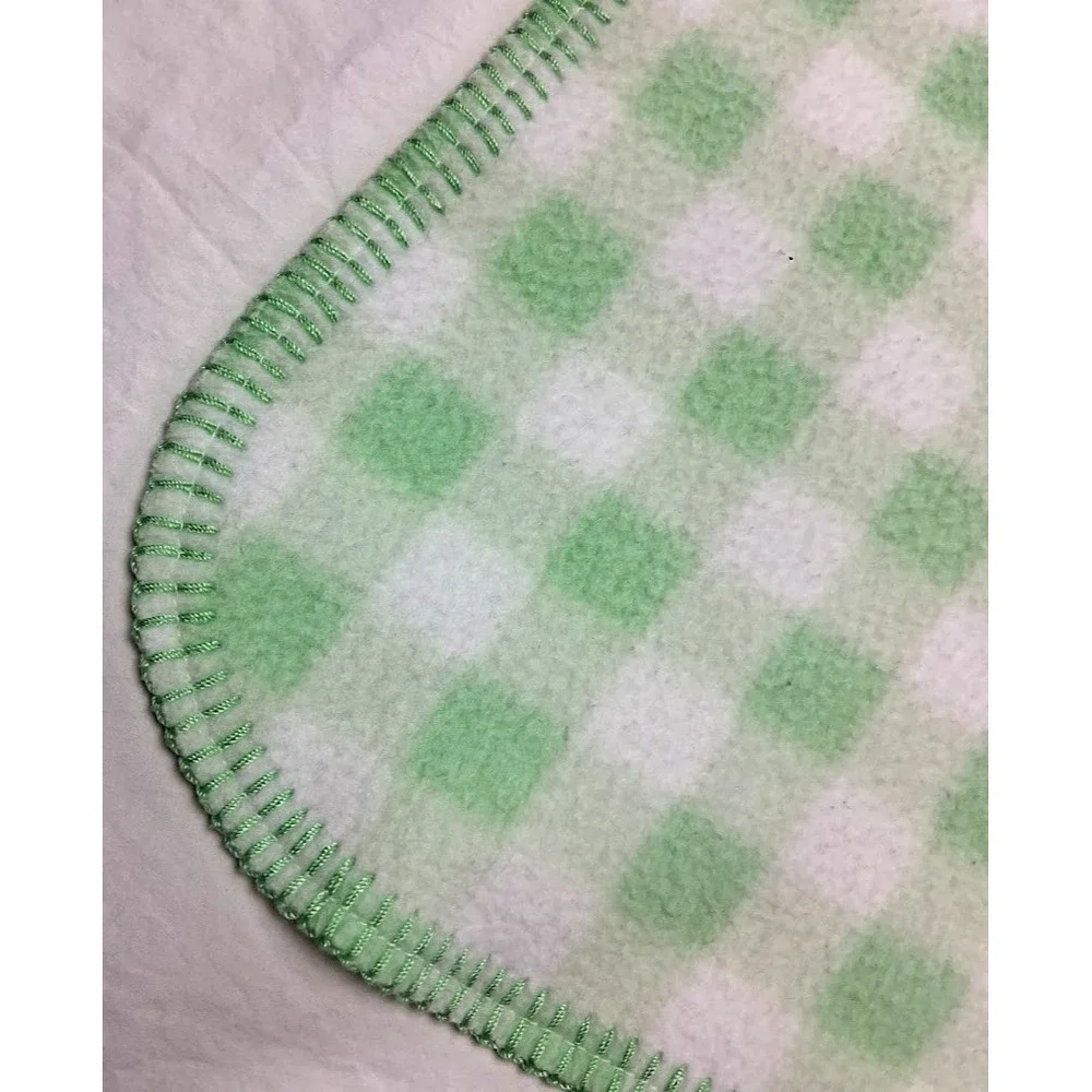 Vtg Simply Basic Green White Plaid Baby Blanket Soft Fleece Stitched Edge Lovey
